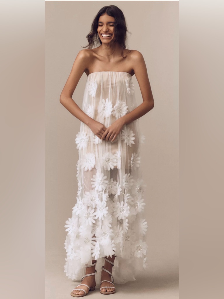 Anthropologie Hi-Low White Strapless Sheer Floral Appliqu Gown